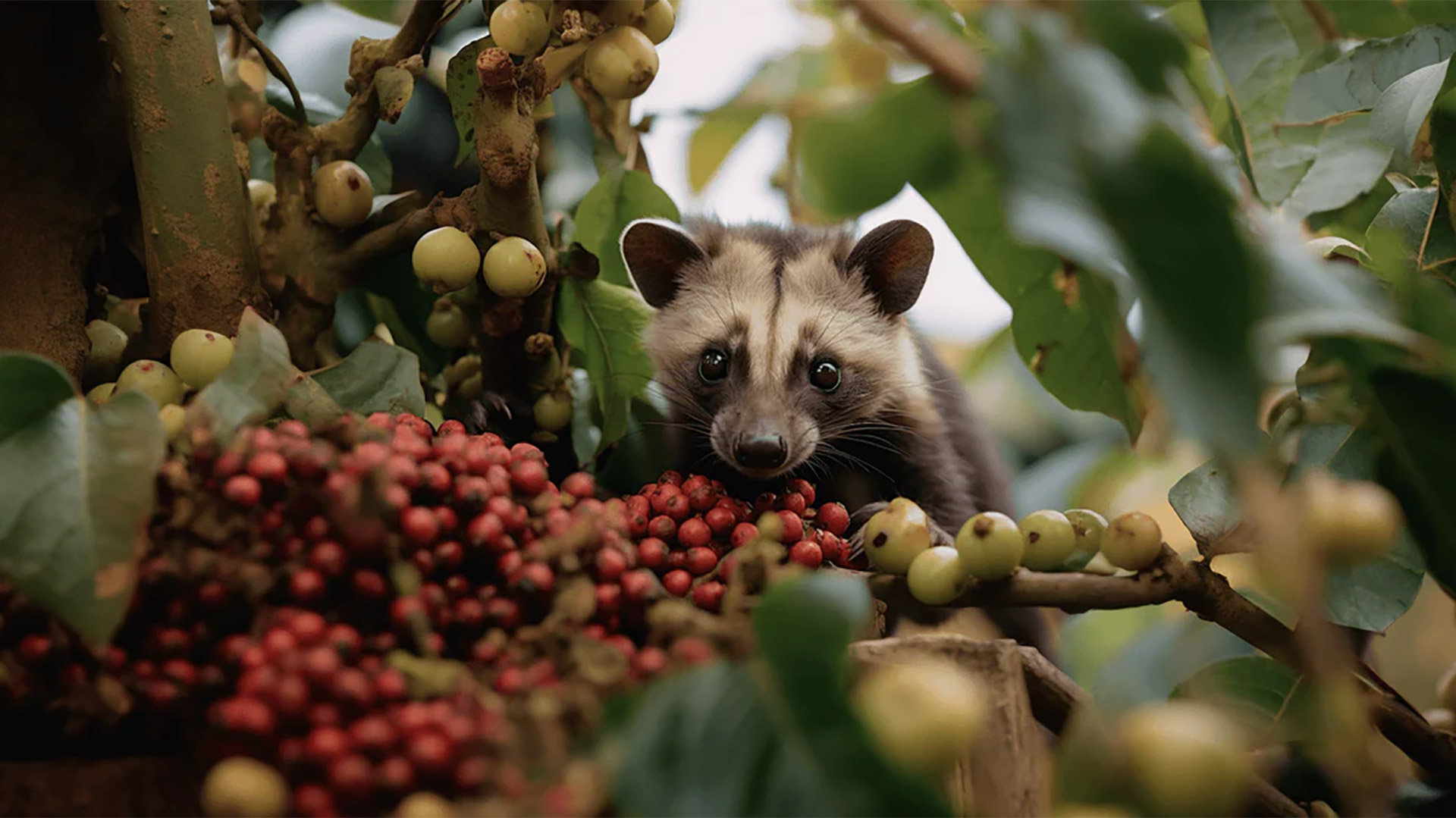 A small civet munches on bright berries from a tree, showcasing nature's vibrant food chain in action.