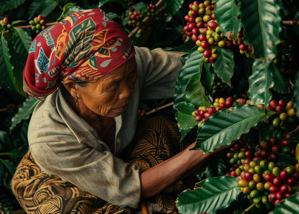 An elderly woman harvests coffee beans from a tree, showcasing her skill and connection to traditional farming practices.