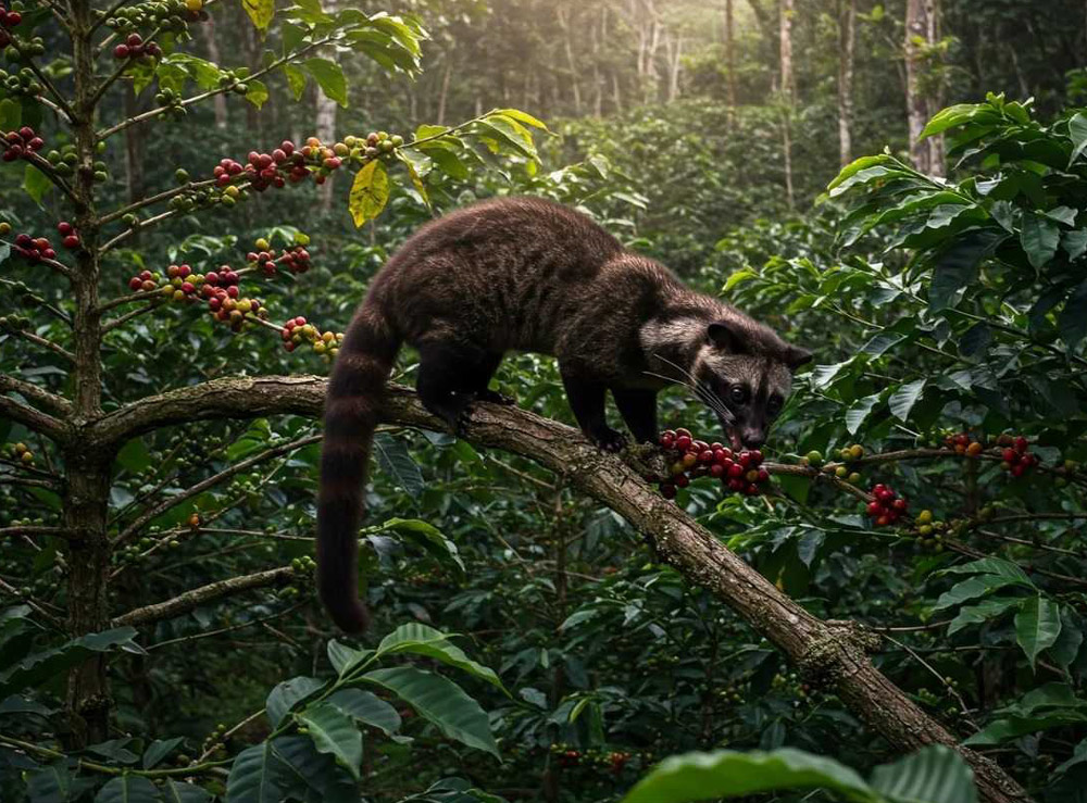 In a vibrant forest, a civet enjoys a snack of coffee beans, surrounded by trees and foliage.