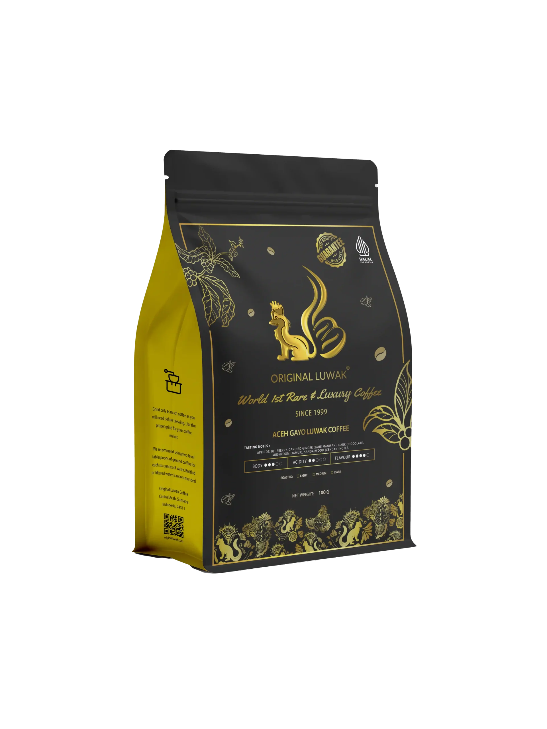A bag of Luwak coffee featuring a shiny gold foil design on the front, highlighting its premium quality.